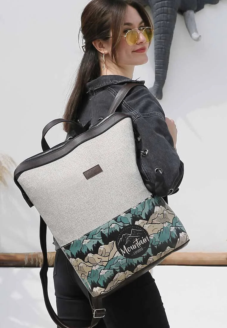 Women Vegan Leather Grey Backpack - Mountain Explorer Design